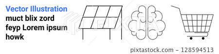Solar panel, brain, and shopping cart represent sustainable energy, creativity, and commerce. Ideal for technology, innovation, creativity, environment, retail education sustainability Banner 128594513
