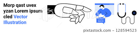 Hand pointing gesture, person with cash back sign, smartphone, stethoscope and magnified heart monitor. Ideal for healthcare apps, tech interfaces, medical services, e-commerce, online tutorials Hand pointing gesture, person with cash back sign, smartphone, stethoscope and magnified heart monitor. Ideal for healthcare apps, tech interfaces, medical services, e-commerce, online tutorials 128594523