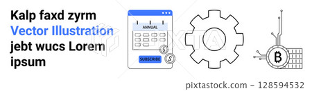 Text block, calendar with annual marked, gear symbol with circuits, Bitcoin icon with microchip. Ideal for finance, technology, fintech, planning, productivity, cryptocurrency, digital tools. Landing Text block, calendar with annual marked, gear symbol with circuits, Bitcoin icon with microchip. Ideal for finance, technology, fintech, planning, productivity, cryptocurrency, digital tools. Landing 128594532