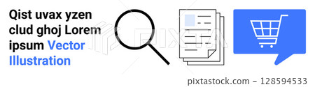 Magnifying glass, document stack, shopping cart symbol. Ideal for business analysis, document management, data review, market research, e-commerce, online shopping, retail. Landing page Magnifying glass, document stack, shopping cart symbol. Ideal for business analysis, document management, data review, market research, e-commerce, online shopping, retail. Landing page 128594533