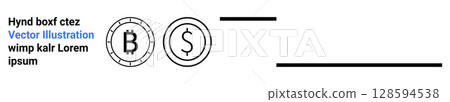 Bitcoin and dollar coin symbols next to decorative lines and placeholder text. Ideal for financial, cryptocurrency, digital money, blockchain technology, online transactions, global economy, fintech 128594538