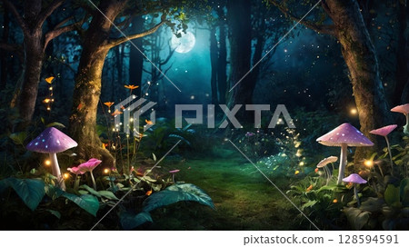 Magical enchanted forest with glowing fireflies, butterflies and colorful flowers. Fantasy nature background concept Magical enchanted forest with glowing fireflies, butterflies and colorful flowers. Fantasy nature background concept 128594591