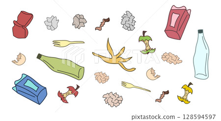 Colorful Trash and Debris Illustration isolated on White Background. Concept of Environmental Awareness, Pollution, Recycling, Waste Management, Litter Cleanup. Art for Eco Campaigns Colorful Trash and Debris Illustration isolated on White Background. Concept of Environmental Awareness, Pollution, Recycling, Waste Management, Litter Cleanup. Art for Eco Campaigns 128594597