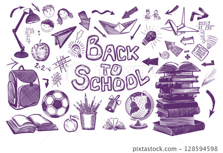 Welcome Back to school horizontal banner, doodle on checkered paper background, vector illustration. Drawing with a blue pen on a notebook sheet . Handmade, not AI Vector illustration 128594598