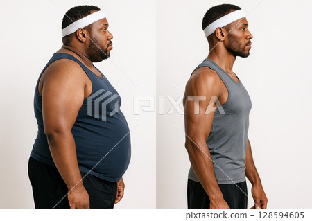 African american man s fitness transformation journey showcasing dramatic weight loss and muscle gain side by side. concept of personal health, fitness motivation, lifestyle change, before and after 128594605