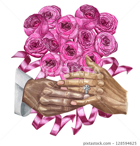 Holding hands couple in love with peonies watercolor illustration clip art set. Relationship concept design. Love concept illustration.  128594625