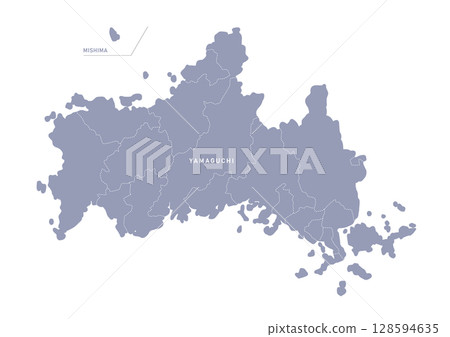 Gray map of Yamaguchi prefecture with administrative divisions 128594635