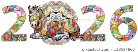 Zentangle stylized number 2026 with horse. Hand Drawn lace vector illustration Zentangle stylized number 2026 with horse. Hand Drawn lace vector illustration 128594666