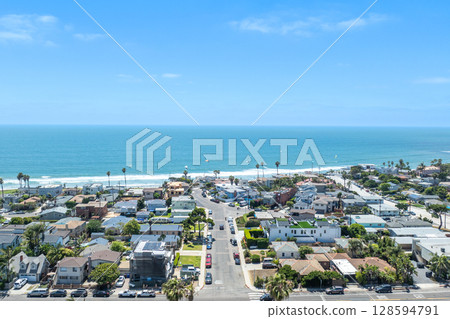 Aerial view of Pacific Beach and Ocean in San Diego, California 128594791