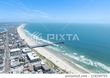 Aerial view of Pacific Beach and Ocean in San Diego, California 128594793