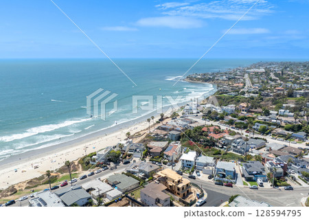 Aerial view of Pacific Beach and Ocean in San Diego, California 128594795