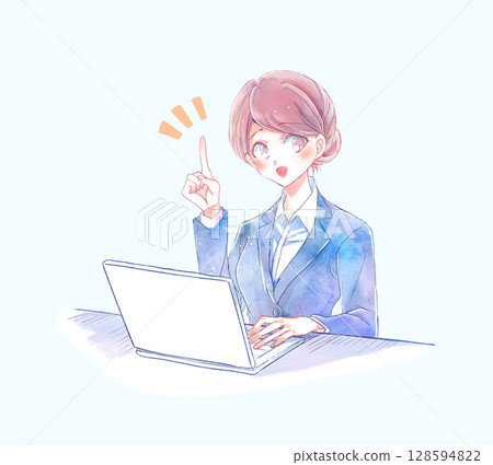 Business person operating a laptop computer index finger 128594822