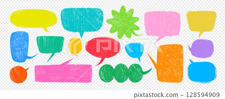 Crayon speech bubble set on transparent background in yellow, blue, red, pink, orange, green, and purple. Vector textured text bubble hand drawn in doodle chalk style, for sticker packs, posters 128594909