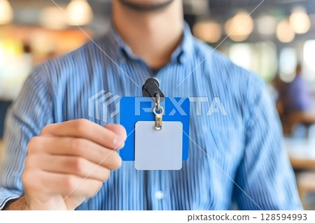 Man presenting blue and white identification badge at workplace entrance Man presenting blue and white identification badge at workplace entrance 128594993