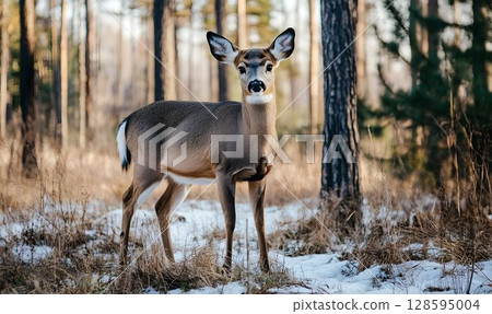Graceful white-tailed deer stands alert in a snowy forest landscape 128595004