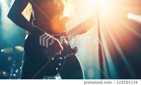 Passionate female guitarist performing rock music on stage during concert 128595134