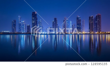 Nightscape Elegance: Modern City Skyline Reflections on Calm Waters 128595135