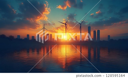 Harmonious coexistence: Wind turbines and city skyline at dramatic sunset 128595164