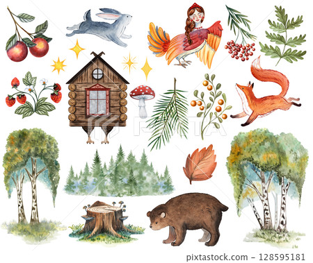 Watercolor Russian fairytale clipart set Sirin bird, Baba Yaga hut, fox, rabbit, bear, stars, mushroom, oak, pine, branch, forest, birch tree, stump, leaf, apple, strawberry hand painted illustration 128595181