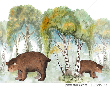 Russian Forest Decorative Seamless Border with jumping foxes and birch trees on background. Handpainted Watercolor Inspired by Nature, Slavic Folklore Fairytale 128595184