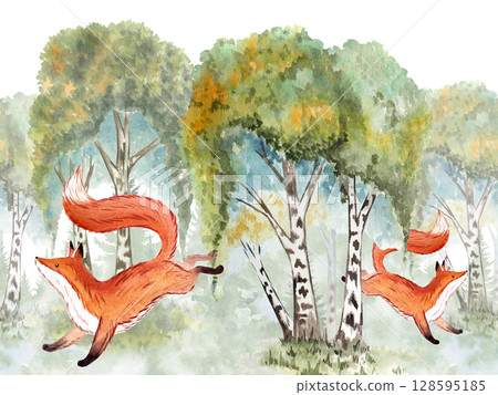 Russian Forest Decorative Seamless Border with jumping foxes and birch trees on background. Handpainted Watercolor Inspired by Nature, Slavic Folklore Fairytale 128595185