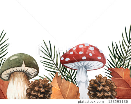 Russian Forest Decorative Seamless Border with mushrooms, pine cones, leaves and pine branches. Handpainted Watercolor Inspired by Nature, Slavic Folklore Fairytale 128595186