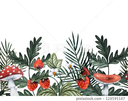 Russian Forest Decorative Seamless Border with wild strawberry, oak leaves and pine branches. Handpainted Watercolor Inspired by Nature, Slavic Folklore Fairytale 128595187