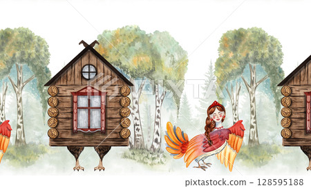 Russian Forest Decorative Seamless Border with Sirin, Baba Yaga hut and birch trees on background. Handpainted Watercolor Inspired by Nature, Slavic Folklore Fairytale 128595188