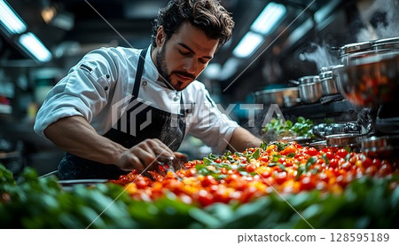 Passionate Chef Preparing Fresh Ingredients in a Bustling Kitchen 128595189