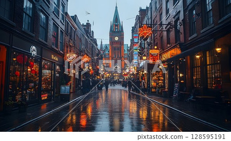 Charming Evening Street Scene with Historic Architecture and Vibrant Lights Charming Evening Street Scene with Historic Architecture and Vibrant Lights 128595191