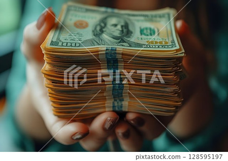 Close-up view of a pile of United States hundred dollar bills held Close-up view of a pile of United States hundred dollar bills held 128595197