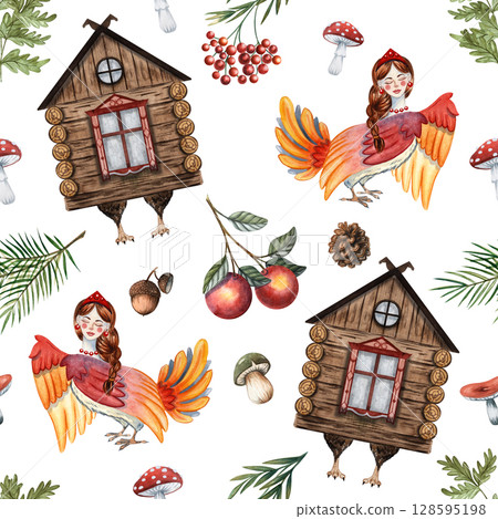 Seamless watercolor pattern with Sirin bird, Baba Yaga hut, apples, acorns, fly agaric mushrooms, pine cones, forest branches on white background Russian fairy tale style for textiles, decor, designs 128595198