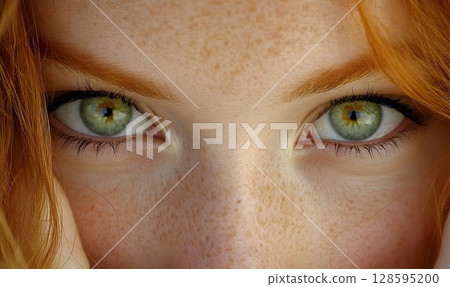 Intense gaze, close-up capturing striking green eyes and freckled skin Intense gaze, close-up capturing striking green eyes and freckled skin 128595200