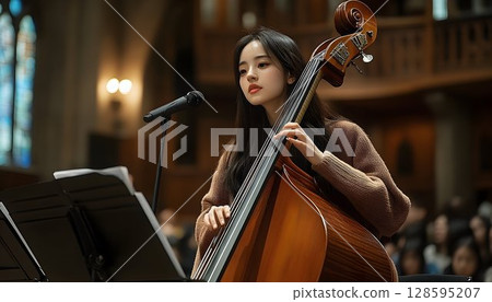 Graceful bassist performing with poise in a concert hall setting 128595207