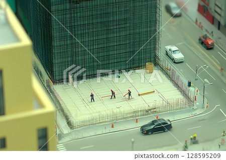 Miniature urban construction site depicting the early stages of development 128595209