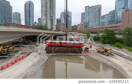Urban Transformation, Railway Car Relocation Amidst Cityscape Development 128595211