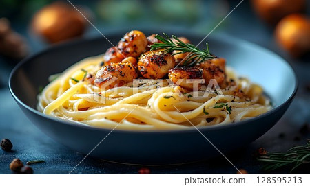 Delicious linguine pasta with roasted scallops and aromatic herbs, italian dish 128595213