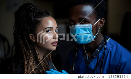 Healthcare professionals standing with a patient in a medical setting 128595214