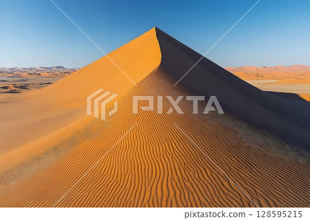 Majestic desert landscape with soaring sand dunes and clear azure sky 128595215
