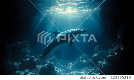 Sunlit Symphony, A Dolphin's Graceful Dance in the Azure Depths 128595219