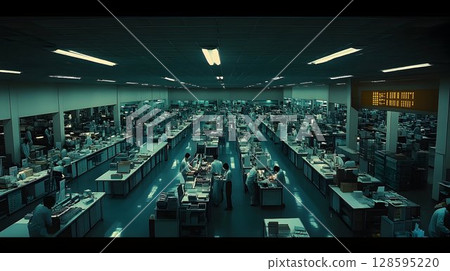 Overhead View of a Busy Production Floor Filled with Workers and Machinery 128595220