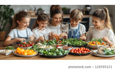 Family enjoying a healthy salad meal together at a wooden table 128595221