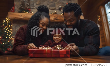 Joyful family shares a special Christmas moment with a wrapped gift 128595222