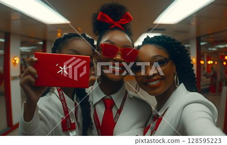 Radiant smiles three young women, celebrating success with a red envelope Radiant smiles three young women, celebrating success with a red envelope 128595223