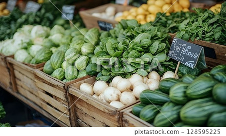 Freshly harvested produce showcased at a bustling local farmers market 128595225
