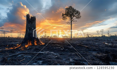 Devastation and Hope, Burnt Forest Landscape with Fire and a Surviving Tree Devastation and Hope, Burnt Forest Landscape with Fire and a Surviving Tree 128595230