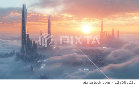 Futuristic cityscape emerging from serene cloudscape at sunrise Futuristic cityscape emerging from serene cloudscape at sunrise 128595233