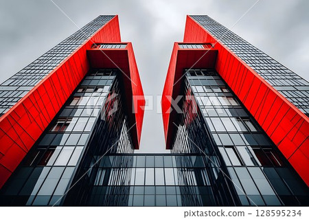 Striking urban architecture, Two modern towers with bold red accents Striking urban architecture, Two modern towers with bold red accents 128595234
