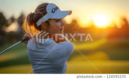 Focused golf player mid-swing during golden hour on vibrant green course Focused golf player mid-swing during golden hour on vibrant green course 128595235