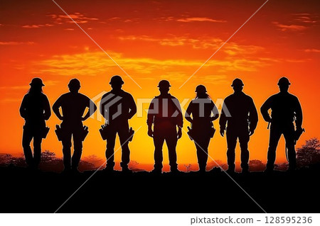 Silhouetted construction crew against vibrant sunset, workforce dedication Silhouetted construction crew against vibrant sunset, workforce dedication 128595236
